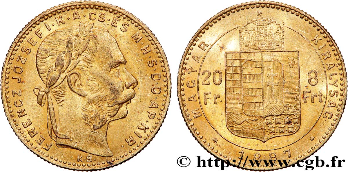 OR D INVESTISSEMENT 20 Francs or ou 8 Forint François-Joseph Ier 1887 Kremnitz TTB+ 