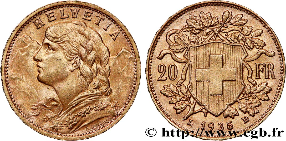 INVESTMENT GOLD 20 Francs  Vreneli   1935 Berne SPL 