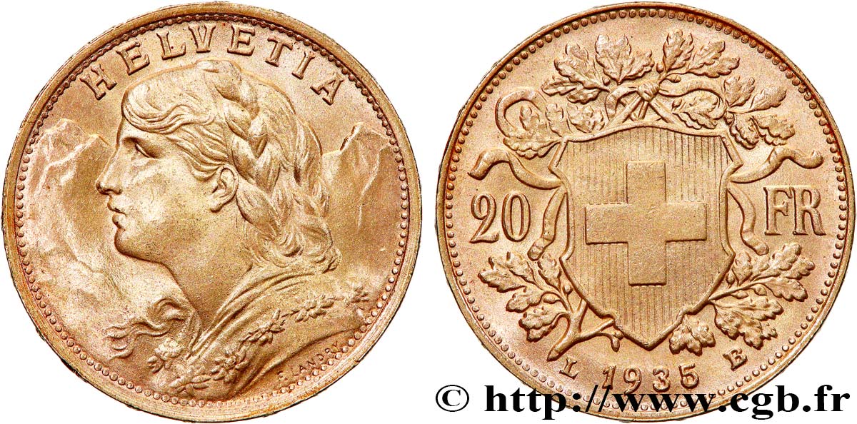 ORO, PALLADIO E PLATINO: INVESTIMENTI 20 Francs  Vreneli   1935 Berne MS 