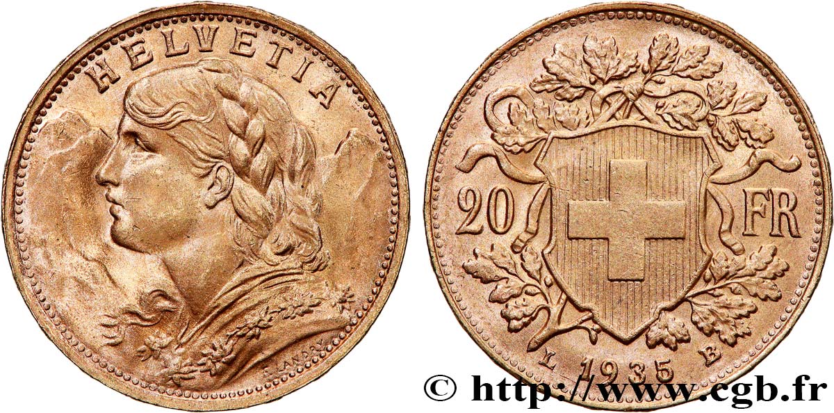 OR, PALLADIUM ET PLATINE INVESTISSEMENT 20 Francs  Vreneli   1935 Berne SPL 