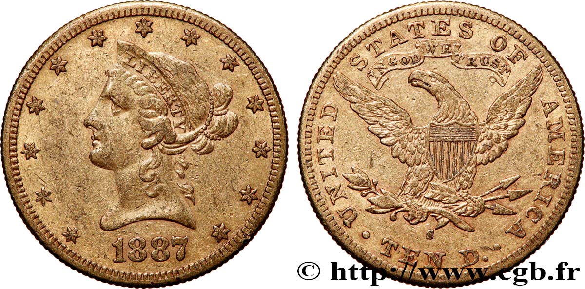 OR, PALLADIUM ET PLATINE INVESTISSEMENT 10 Dollars or  Liberty  1887 San Francisco TTB 
