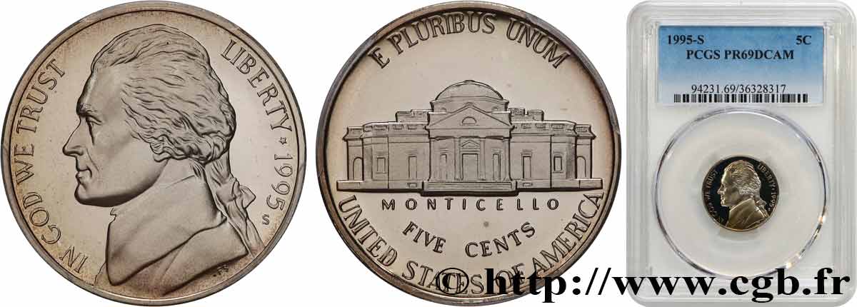 UNITED STATES OF AMERICA 5 Cents Proof président Thomas Jefferson / Monticello 1995 San Francisco - S MS69 PCGS