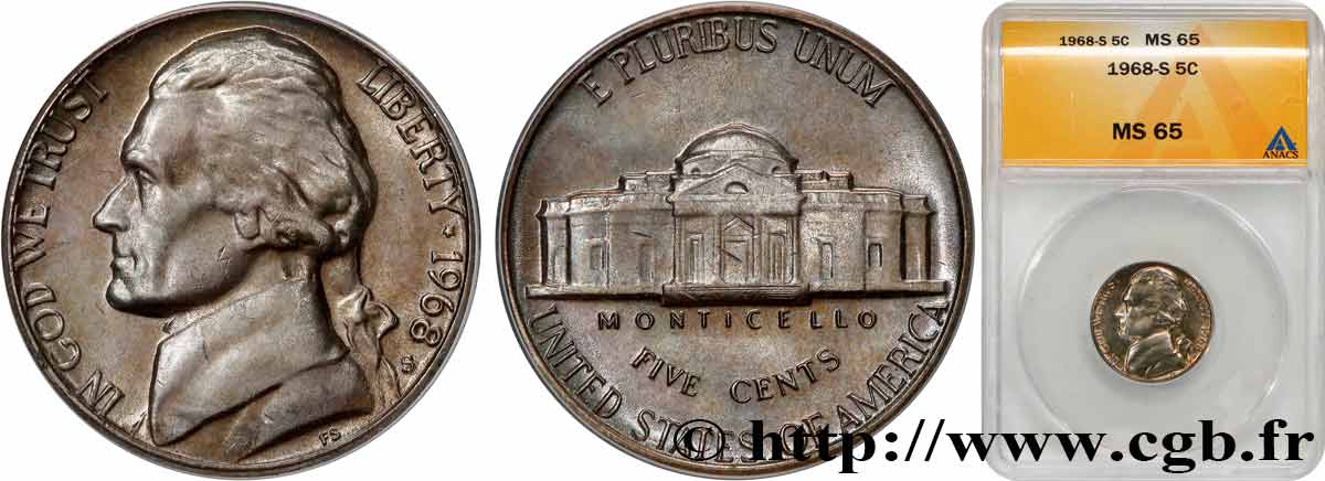 ÉTATS-UNIS D AMÉRIQUE 5 Cents Proof président Thomas Jefferson / Monticello 1968 San Francisco - S FDC65 ANACS