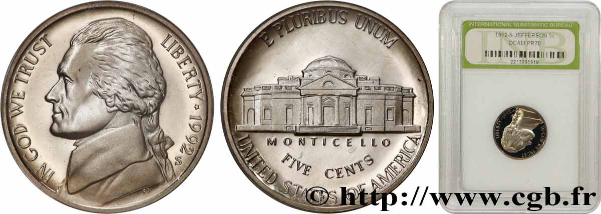 UNITED STATES OF AMERICA 5 Cents Proof président Thomas Jefferson / Monticello 1992 San Francisco - S MS70 autre