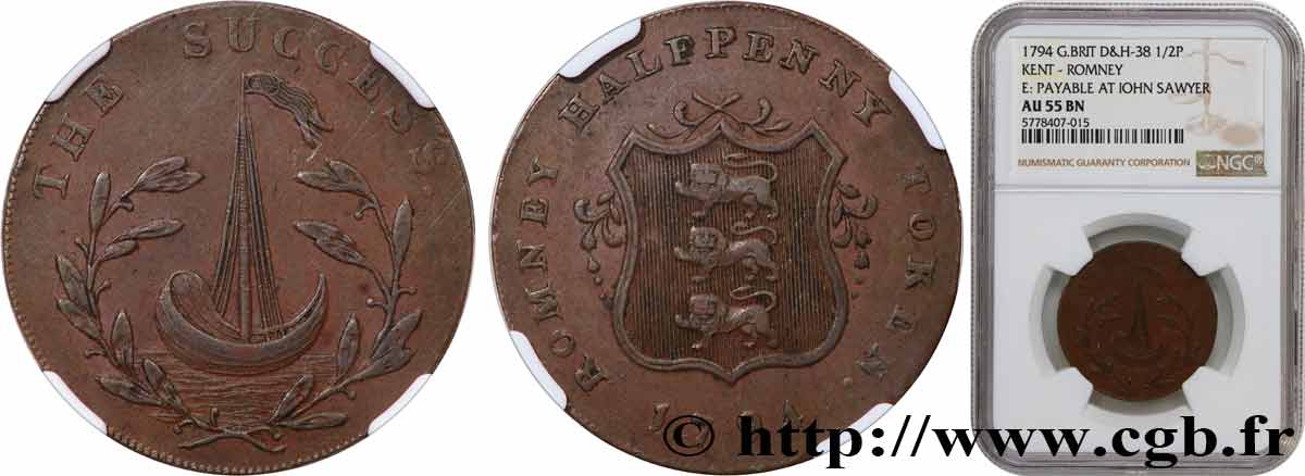 BRITISH TOKENS OR JETTONS 1/2 Penny - Kent 1794  AU55 NGC