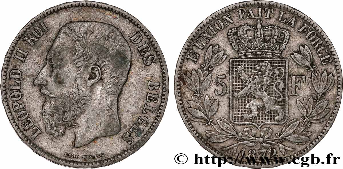 BELGIQUE 5 Francs Léopold II 1872  TB+ 