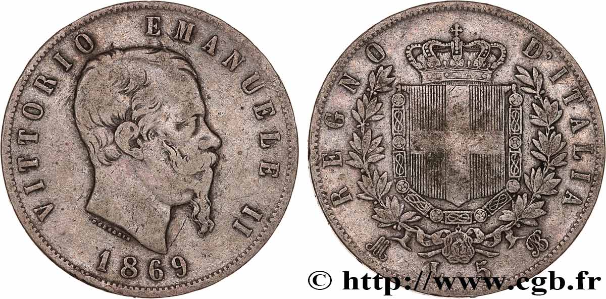 ITALIE 5 Lire Victor Emmanuel II 1869 Milan TB+ 