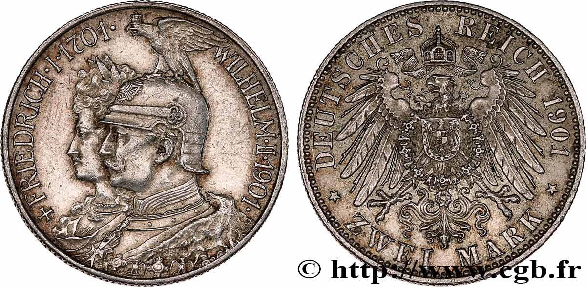 ALLEMAGNE - PRUSSE 2 Mark Guillaume II 200e anniversaire de la Prusse 1901 Berlin TTB+ 