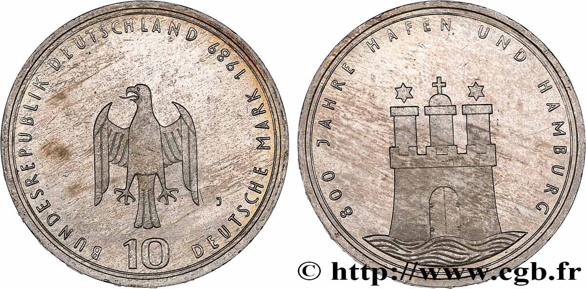 ALEMANIA 10 Mark 800e anniversaire de la charte de ville libre de Hambourg 1989 Hambourg EBC 