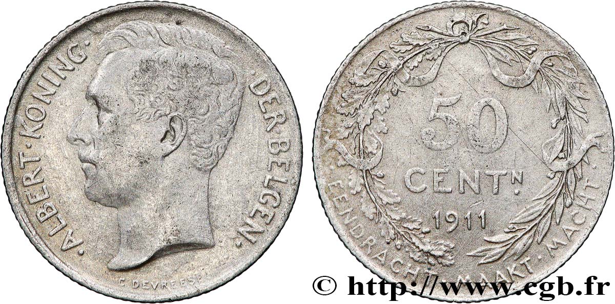 BELGIUM 50 Centiemen (Centimes) Albert Ier légende en flamand 1911  VF 