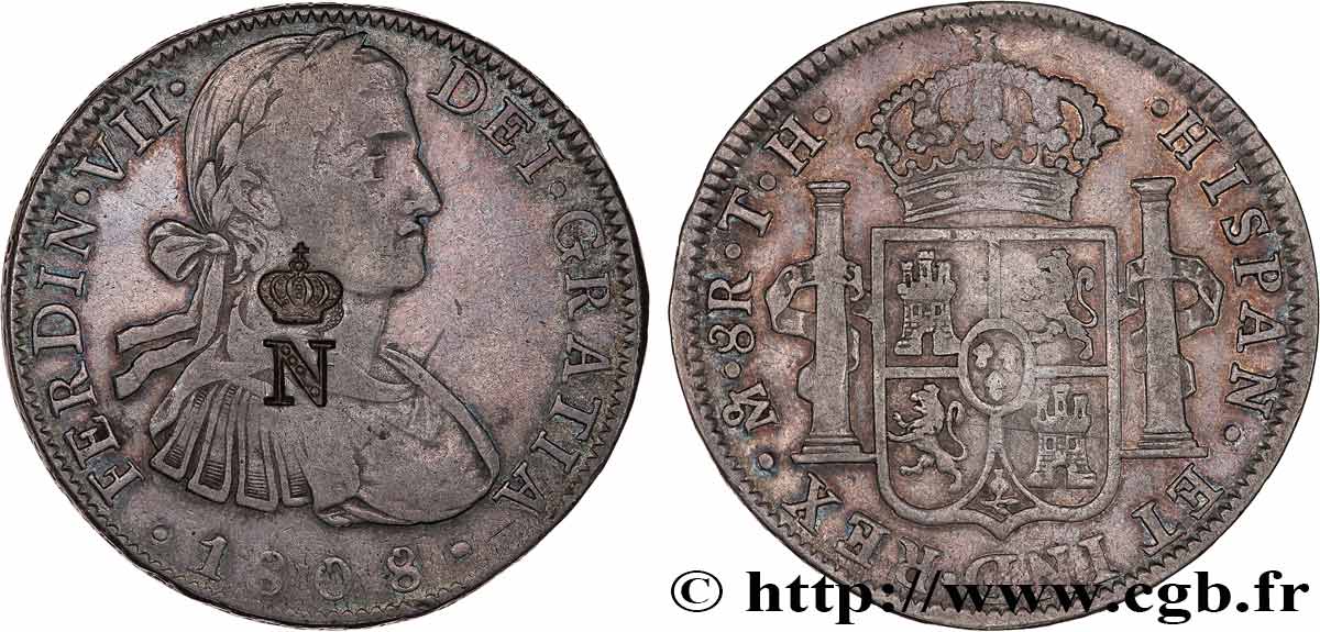 MEXICO - FERDINAND VII 8 Reales, contremarque N couronné 1808 Mexico XF 