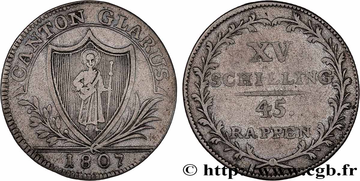 SVIZZERA - CANTON GLARONA 15 Schilling (45 Rappen)  1807  q.BB 