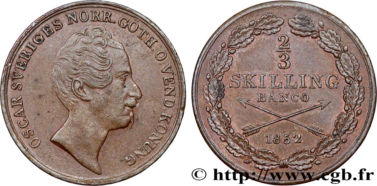 SWEDEN 2/3 Skilling Banco Oscar Ier 1852  AU 
