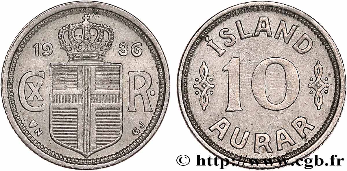 ISLANDIA 10 Aurar Christian X du Danemark 1936  EBC 