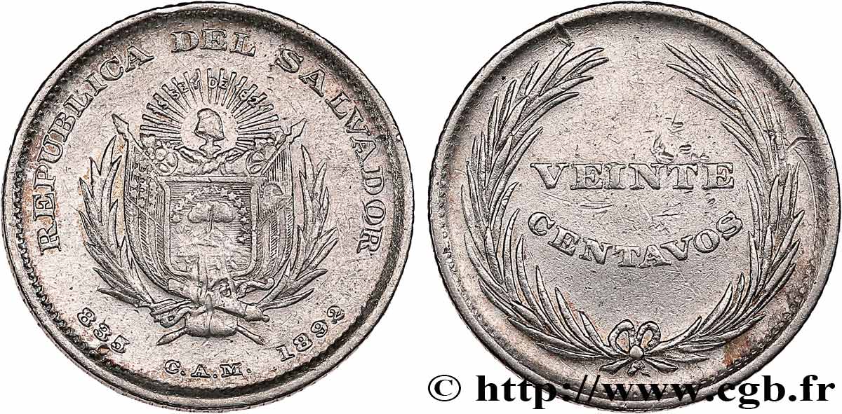 SALVADOR 20 Centavos 1892 San Salvador TTB 