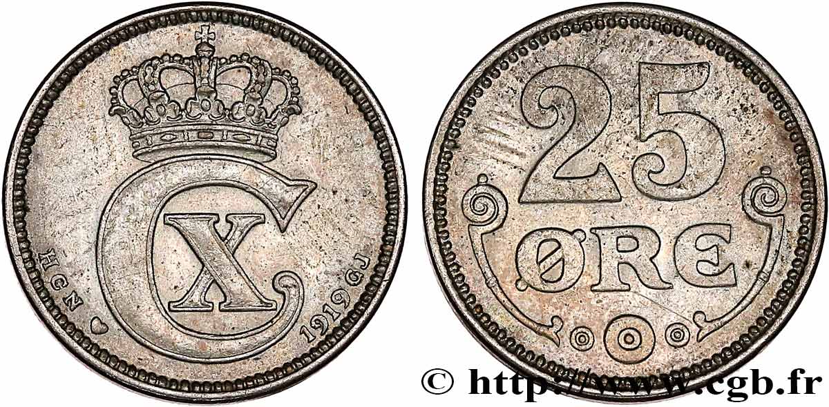 DINAMARCA 25 Ore monogramme de Christian X roi du Danemark 1919 Copenhague MBC+ 
