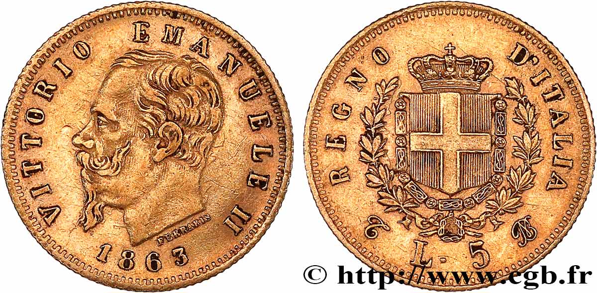 ITALY 5 Lire Victor-Emmanuel II 1863 Turin XF 