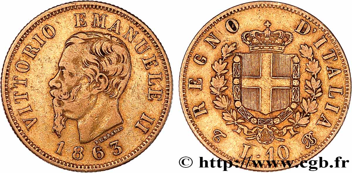 ITALY - KINGDOM OF ITALY - VICTOR-EMMANUEL II 10 Lire 1863 Turin VF 