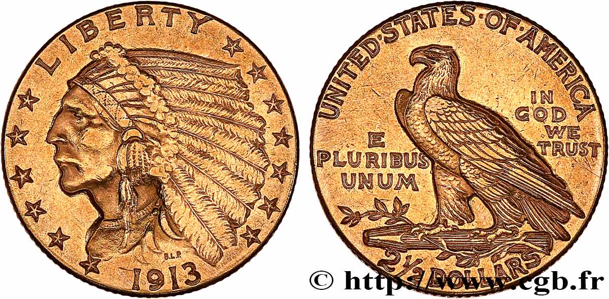 STATI UNITI D AMERICA 2 1/2 Dollar “tête d’indien”  1913 Philadelphie BB 