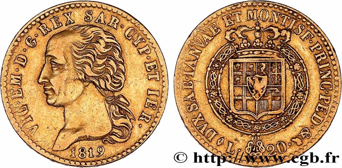 ITALY - KINGDOM OF SARDINIA - VICTOR-EMMANUEL I 20 Lire 1819 Turin XF 