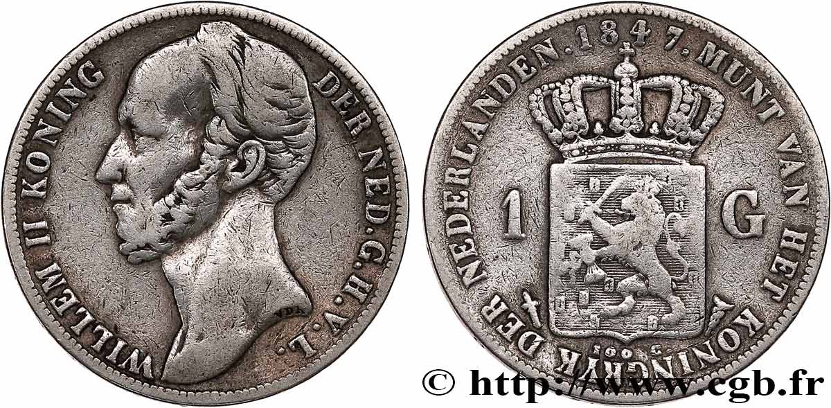 NETHERLANDS 1 Gulden Guillaume II 1847 Utrecht VF 