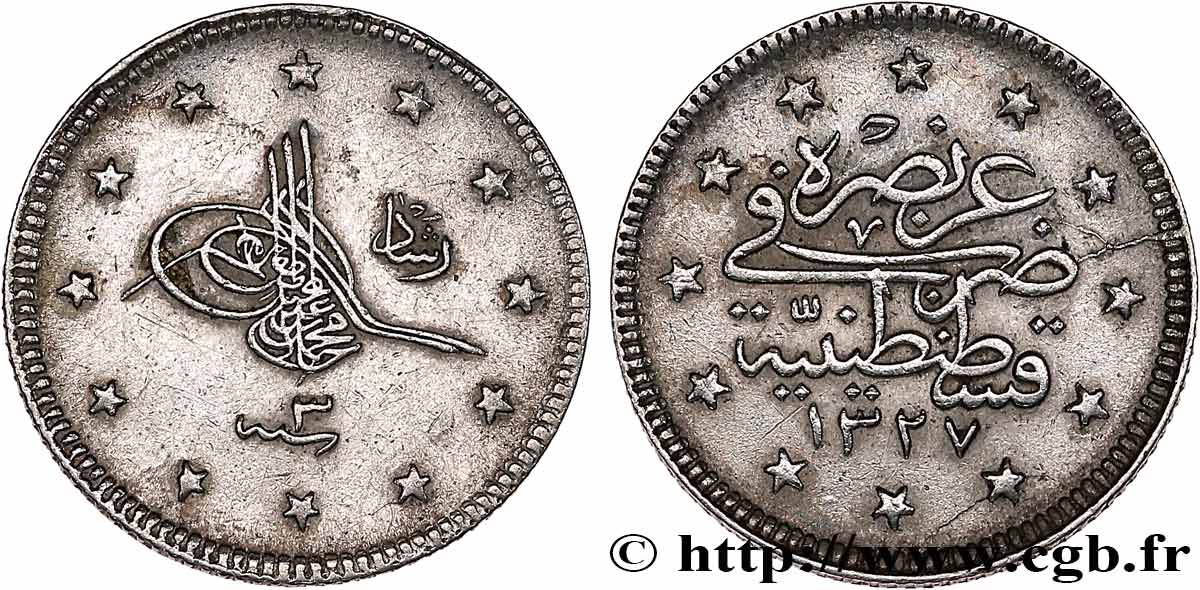 TÜRKEI 2 Kurush Mehmet V AH 1327 an 3 (1911) Constantinople SS 