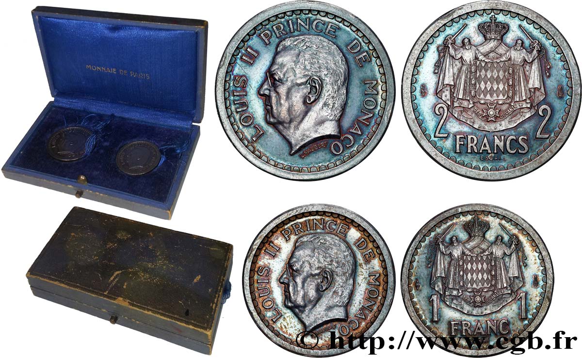 MONACO - PRINCIPAUTÉ DE MONACO - LOUIS II Coffret Essais 1 et 2 francs en argent (1943) Paris SPL 