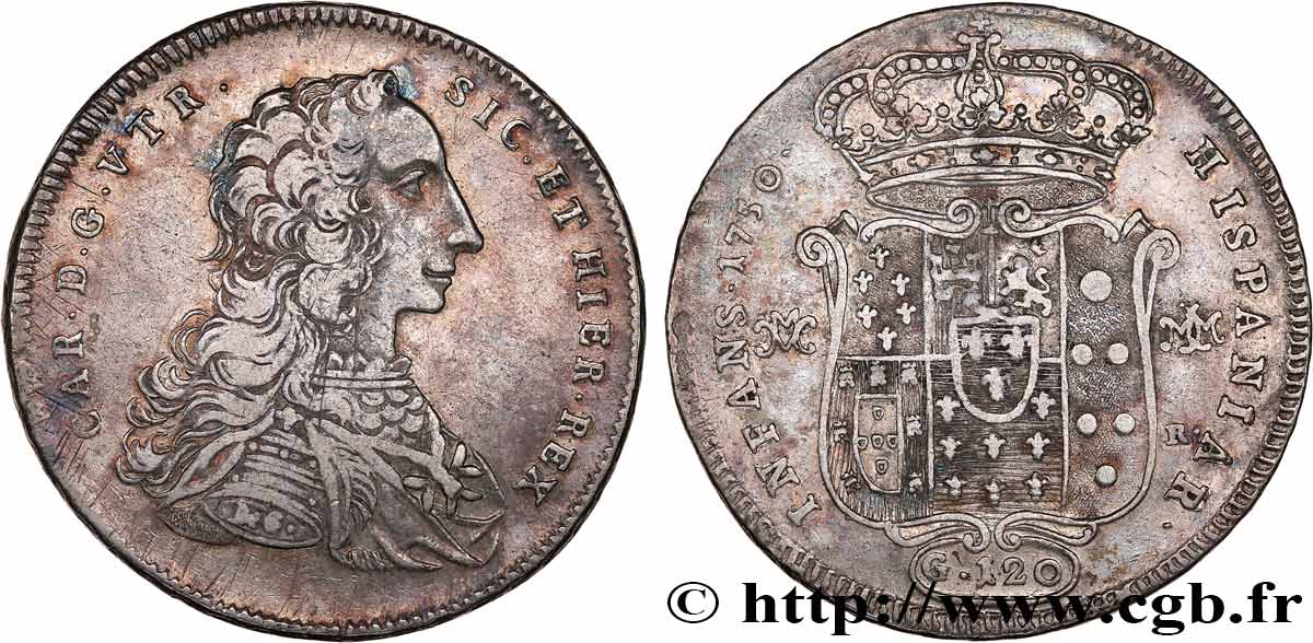ITALY - KINGDOM OF NAPLES - CHARLES OF BOURBON Piastre ou 120 Grana 1750 Naples XF/AU 