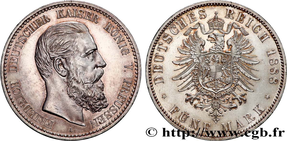 ALLEMAGNE - ROYAUME DE PRUSSE - FRÉDÉRIC III 5 Mark  1888 Berlin SPL 