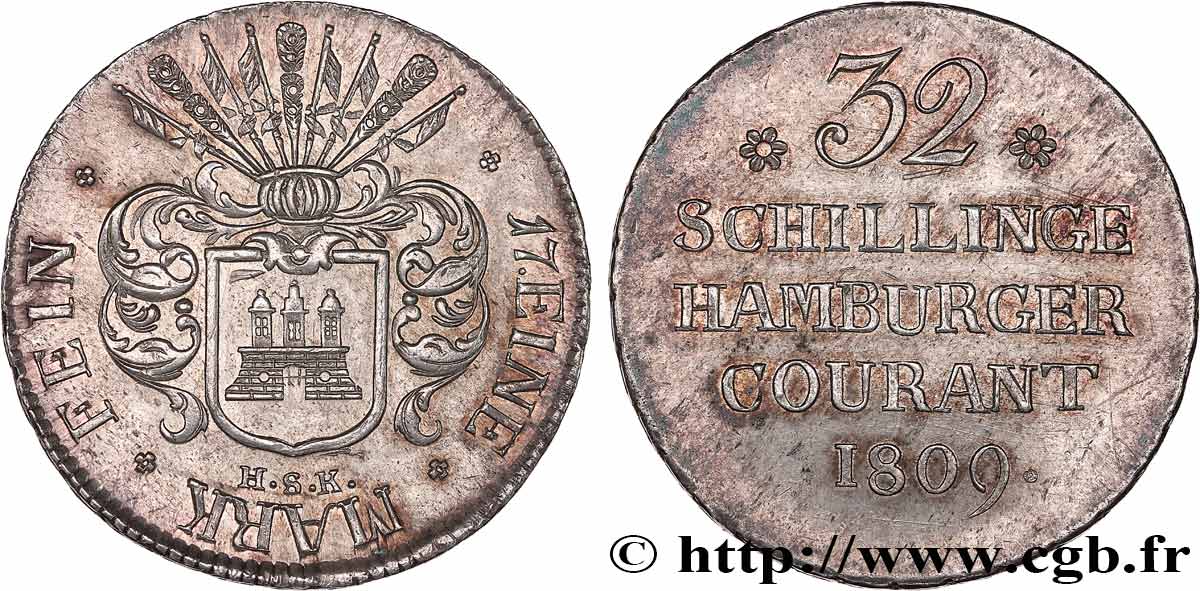 ALEMANIA - TERRITORIO DE HAMBURGO 32 schillings, 2e type 1809 Hambourg EBC 