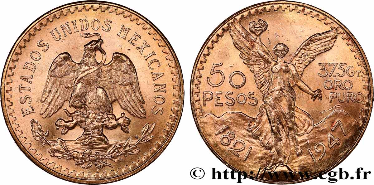 OR D INVESTISSEMENT 50 Pesos or 1947 Mexico SUP 