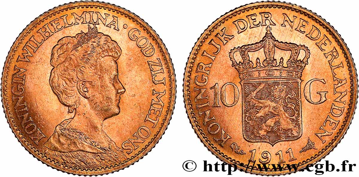 INVESTMENT GOLD 10 Gulden, 3e type Wilhelmina 1911 Utrecht AU 