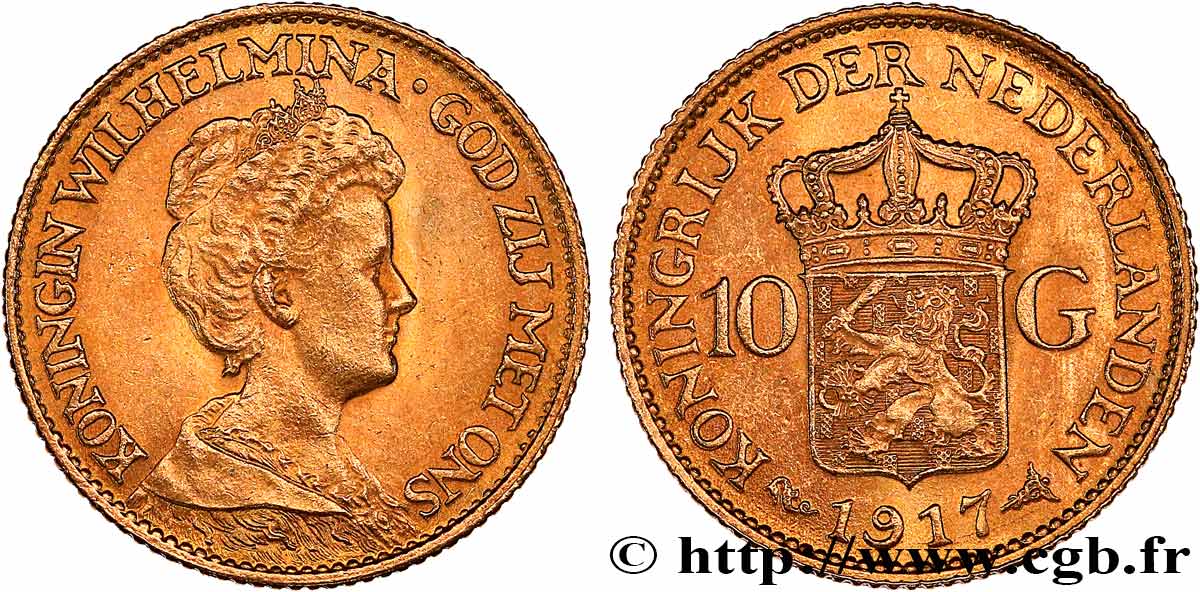 OR D INVESTISSEMENT 10 Gulden, 3e type Wilhelmina 1917 Utrecht TTB+ 