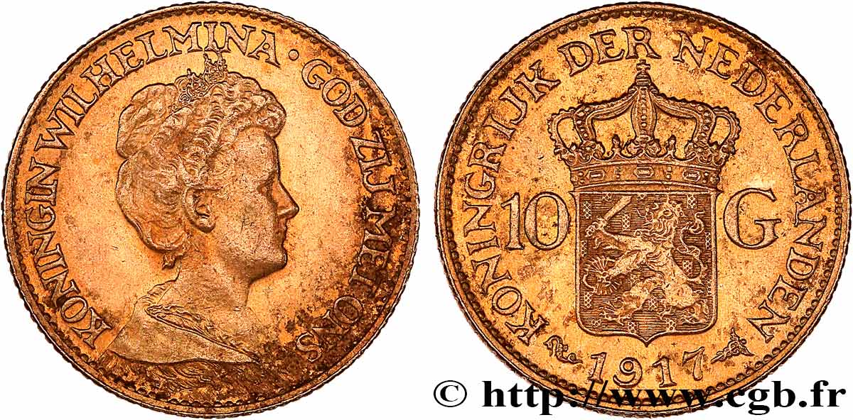 INVESTMENT GOLD 10 Gulden, 3e type Wilhelmina 1917 Utrecht MBC+ 