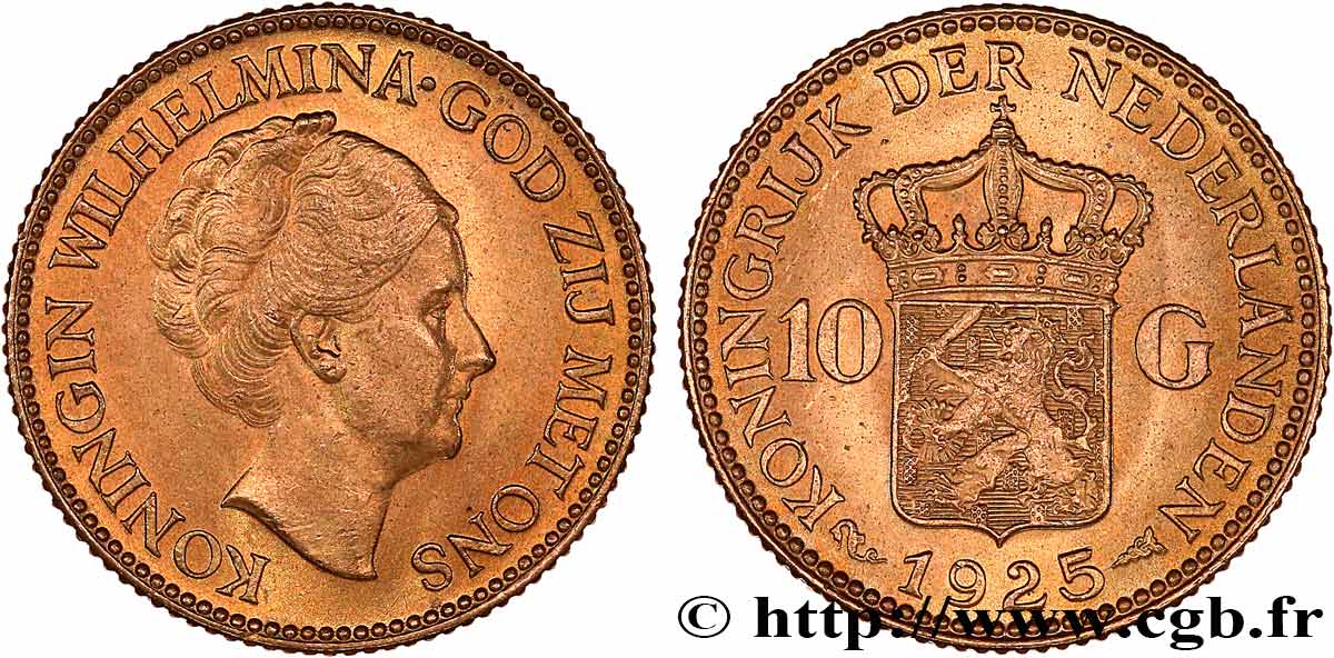 INVESTMENT GOLD 10 Gulden 4e type Wilhelmina 1925 Utrecht EBC 
