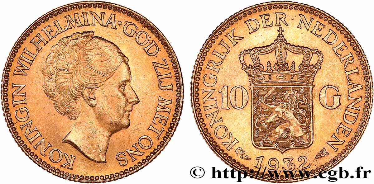 INVESTMENT GOLD 10 Gulden 4e type Wilhelmina 1932 Utrecht EBC 