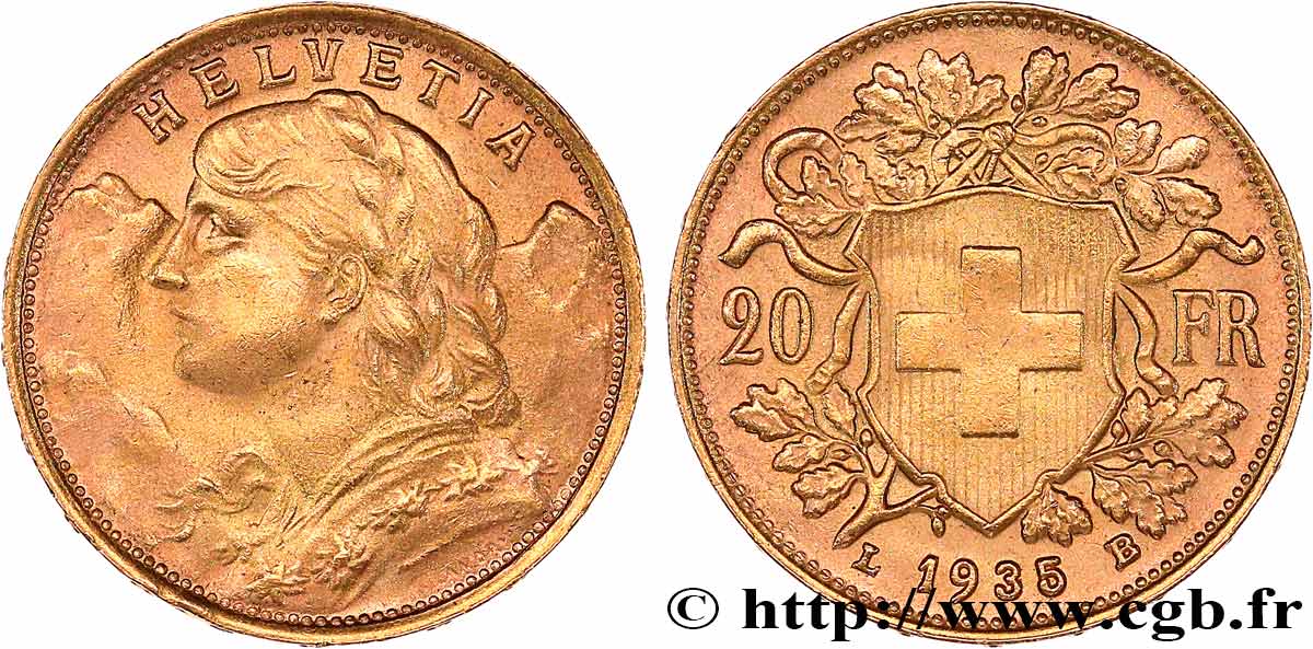 OR, PALLADIUM ET PLATINE INVESTISSEMENT 20 Francs  Vreneli   1935 Berne SUP 
