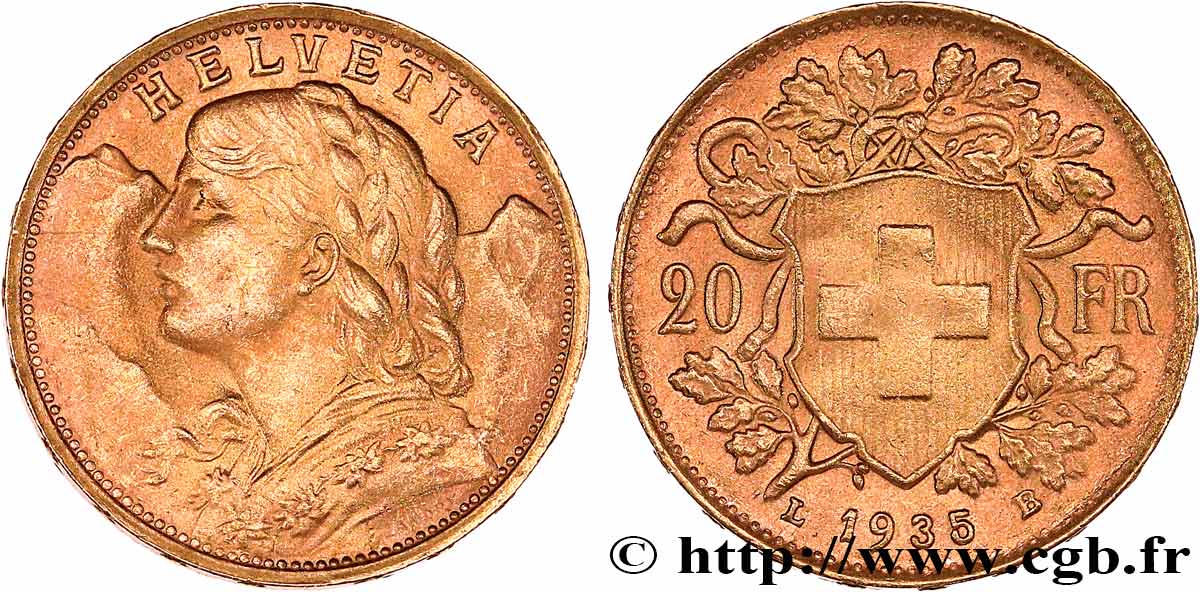 OR, PALLADIUM ET PLATINE INVESTISSEMENT 20 Francs  Vreneli   1935 Berne SUP 