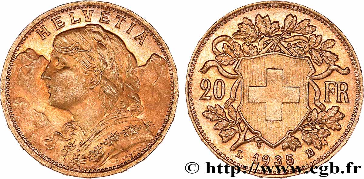 OR, PALLADIUM ET PLATINE INVESTISSEMENT 20 Francs  Vreneli   1935 Berne SPL 