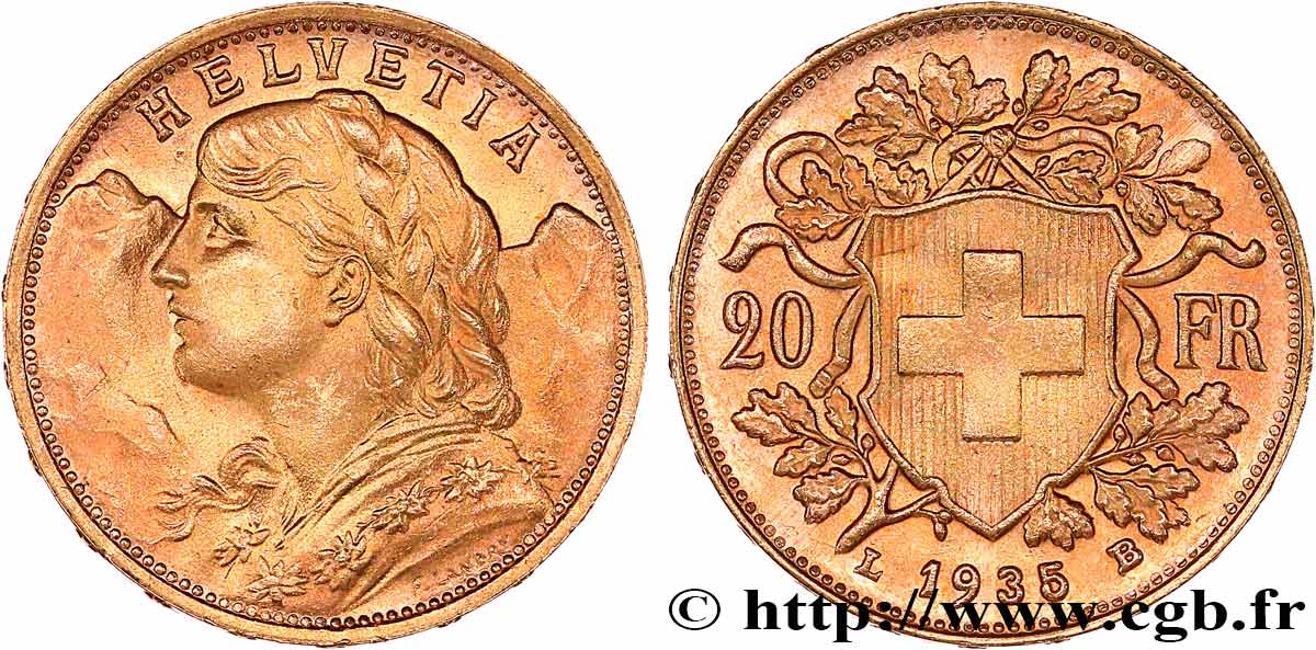 INVESTMENT GOLD 20 Francs  Vreneli   1935 Berne MS 