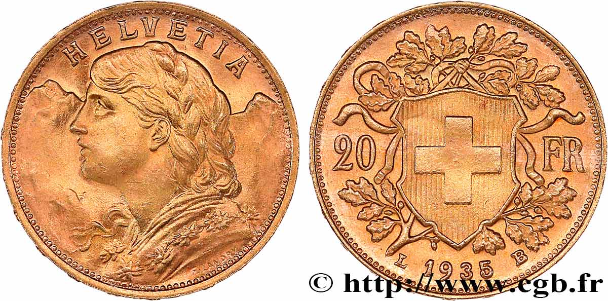 INVESTMENT GOLD 20 Francs  Vreneli   1935 Berne MS 