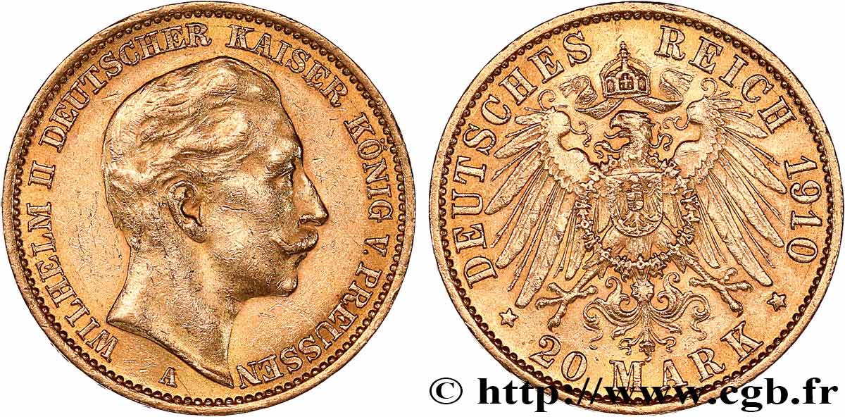 INVESTMENT GOLD 20 Mark Guillaume II 1910 Berlin XF 