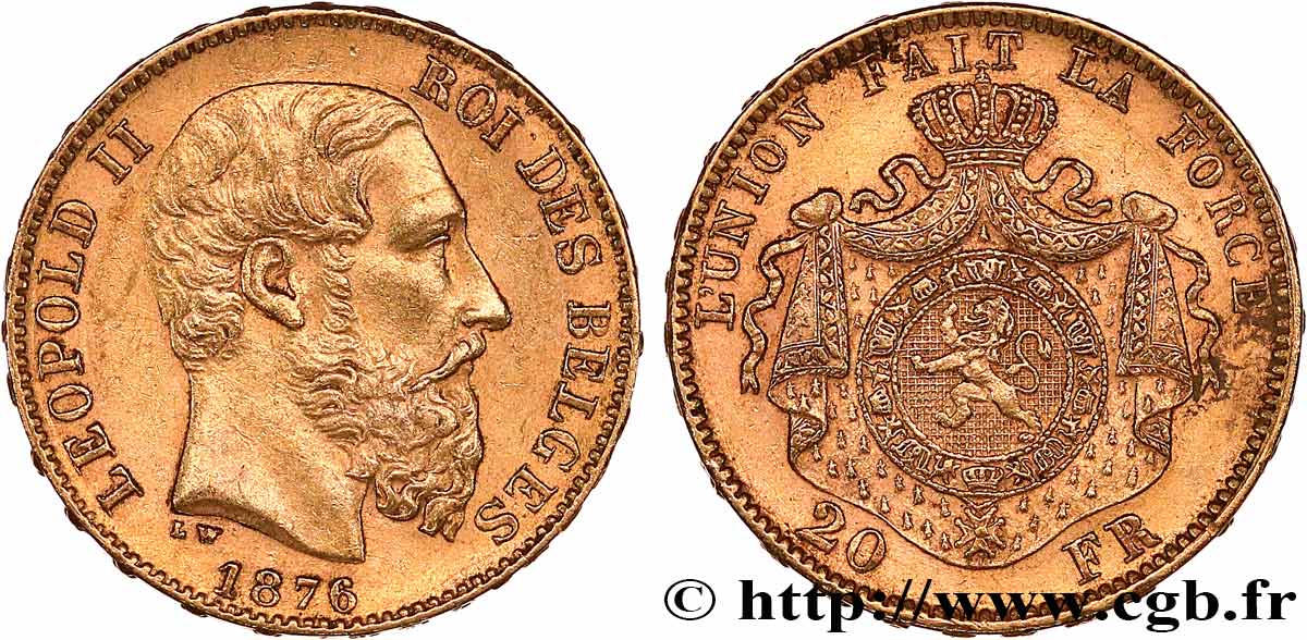 GOLD, PALLADIUM & PLATINUM INVESTMENT 20 Francs Léopold II 1876 Bruxelles AU 