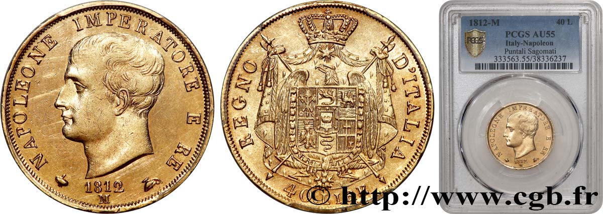 ITALIE - ROYAUME D ITALIE - NAPOLÉON Ier 40 Lire 1812 Milan SUP55 PCGS