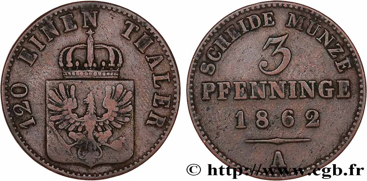 GERMANY - PRUSSIA 3 Pfenninge Royaume de Prusse 1862 Berlin VF 