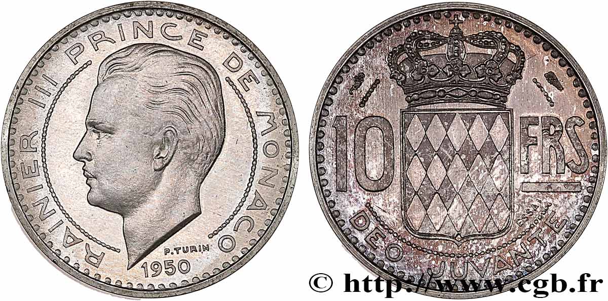MONACO - PRINCIPAUTÉ DE MONACO - RAINIER III Essai - piéfort argent de 10 Francs  1950 Paris SPL 