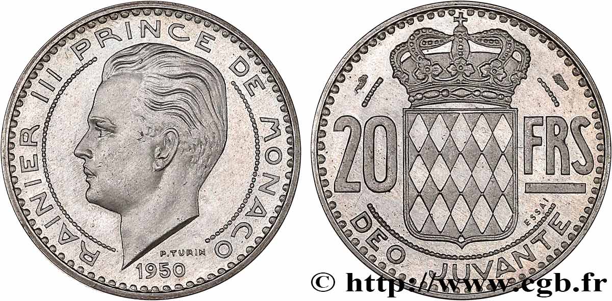 MÓNACO - PRINCIPADO DE MÓNACO - RANIERO III Essai - piéfort argent de 20 Francs 1950 Paris SC 
