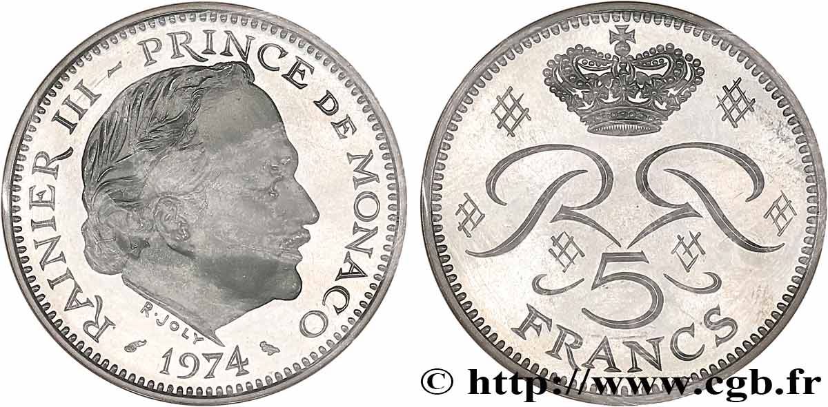 MÓNACO - PRINCIPADO DE MÓNACO - RANIERO III Piefort de 5 Francs en argent  1974 Paris FDC 