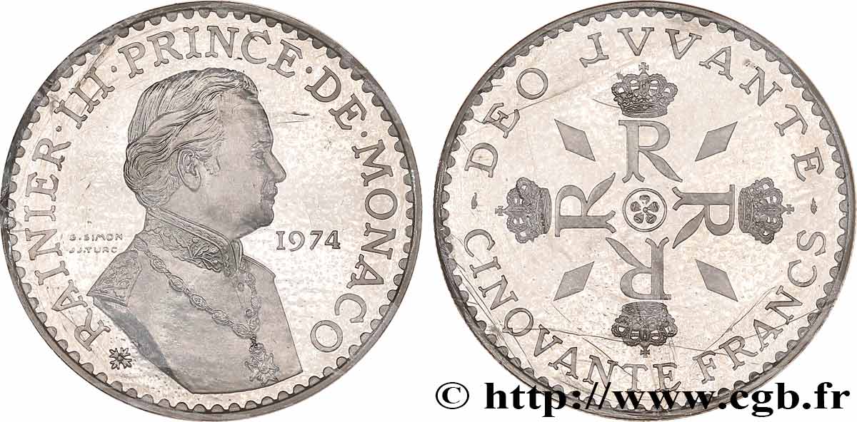 MONACO - FÜRSTENTUM MONACO - RAINIER III. Piéfort argent de 50 francs 1974 Paris ST 