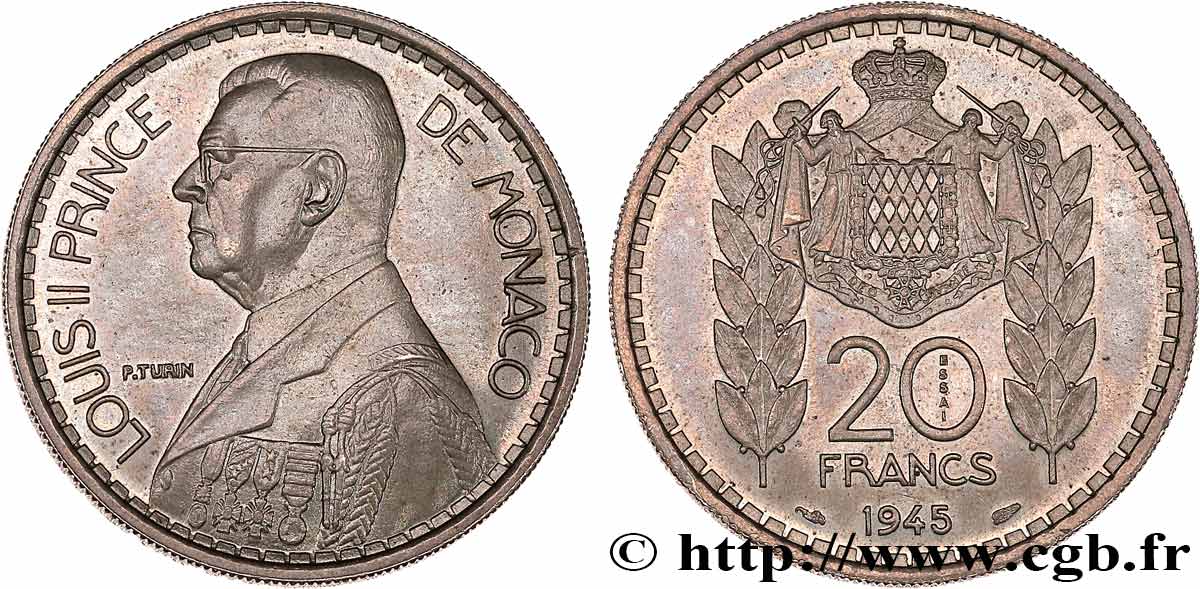 MONACO Essai de 20 Francs Turin Louis II 1945 Paris MS 